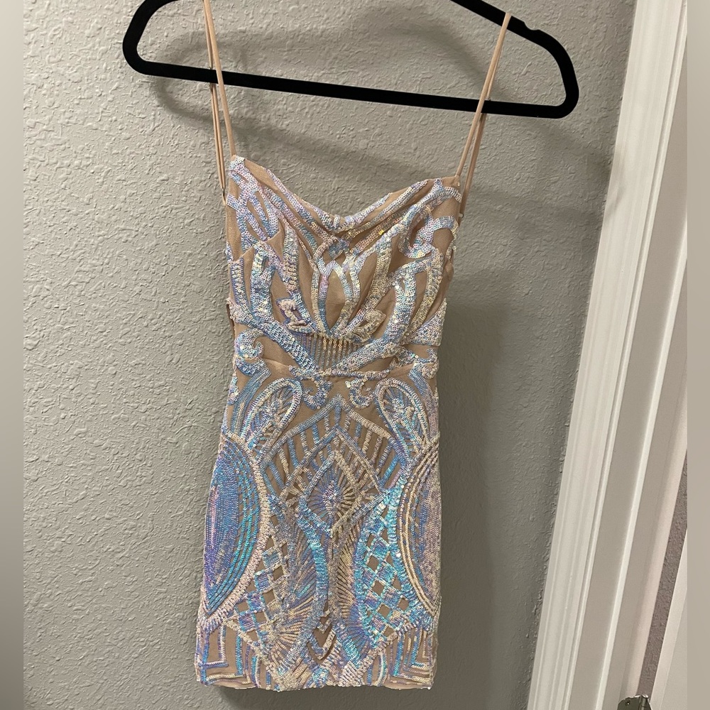 Lucy in the Sky Starstruck Strappy Dress in Nude Iridescence XS